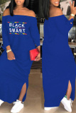 Black Euramerican Dew Shoulder Letters Printed Ankle Length Dress