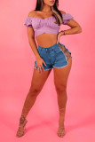 Baby Blue Fashion Casual Solid Hollowed Out Mid Waist Regular Denim Shorts