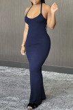 Light Blue Sexy Casual Solid Backless Spaghetti Strap Sleeveless Dress