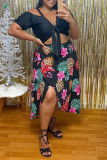 Black Sexy Casual Print Slit V Neck Plus Size Two Pieces
