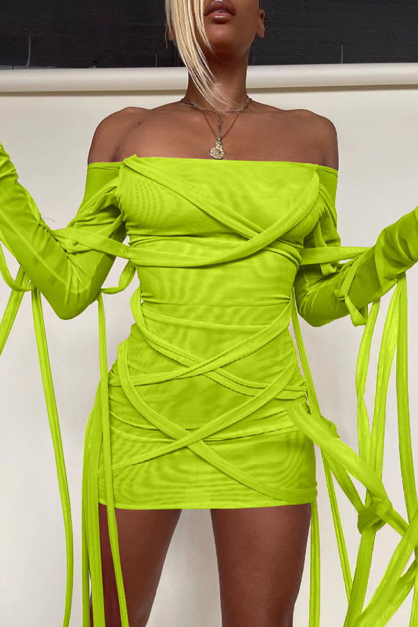 Fluorescent Green Sexy Solid Bandage Hollowed Out See-through Mesh Off the Shoulder Pencil Skirt Dresses