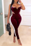 Rose Red Sexy Deep V-Neck Tight-Fitting Hip Pleuche Tracksuit