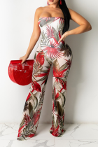 White Sexy Print Patchwork Off the Shoulder Straight Jumpsuits