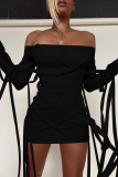 Black Sexy Solid Bandage Hollowed Out See-through Mesh Off the Shoulder Pencil Skirt Dresses