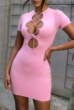 Pink Fashion Sexy Solid Hollowed Out O Neck Short Sleeve Dress