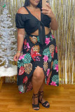 Black Sexy Casual Print Slit V Neck Plus Size Two Pieces