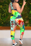 Green Sexy Casual Print Tie Dye Basic V Neck Regular Jumpsuits