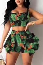 Green Sexy Print Split Joint Flounce Square Collar Sleeveless Two Pieces