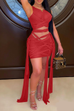 Red Sexy Solid Patchwork Mesh Pencil Skirt Dresses