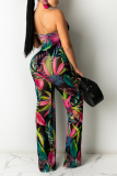 Black Sexy Print Patchwork Off the Shoulder Straight Jumpsuits