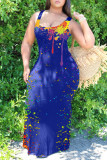 Blue Sexy Casual Print Basic U Neck Vest Dress