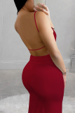 Red Sexy Solid Backless Spaghetti Strap Skinny Jumpsuits