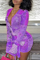 Purple Sexy Print Draw String V Neck Printed Dress Dresses