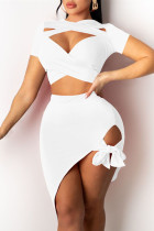White Sexy Solid Hollowed Out Asymmetrical O Neck Short Sleeve Two Pieces
