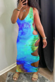 Light Blue Fashion Sexy Tie Dye Print Hollowed Out U Neck Vest Dress