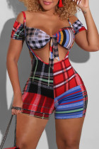 Red Sexy Casual Plaid Print Hollowed Out Backless Off the Shoulder Short Sleeve Two Pieces