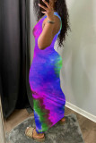 Purple Fashion Sexy Tie Dye Print Hollowed Out U Neck Vest Dress