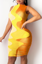 Yellow Sexy Patchwork Mesh Half A Turtleneck Pencil Skirt Dresses