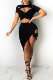 Black Sexy Solid Hollowed Out Asymmetrical O Neck Short Sleeve Two Pieces