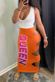 Orange Sexy Casual Letter Print Hollowed Out Split Joint U Neck Sleeveless Two Pieces
