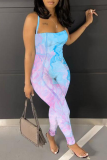 Colorful Blue Sexy Print Split Joint Spaghetti Strap Skinny Jumpsuits