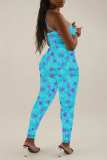 Colorful Blue Sexy Print Split Joint Spaghetti Strap Skinny Jumpsuits
