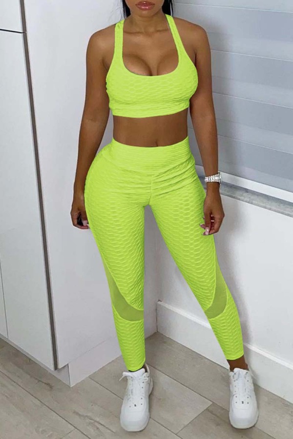 Fluorescent Green Casual Sportswear Solid Patchwork U Neck Sleeveless Two Pieces