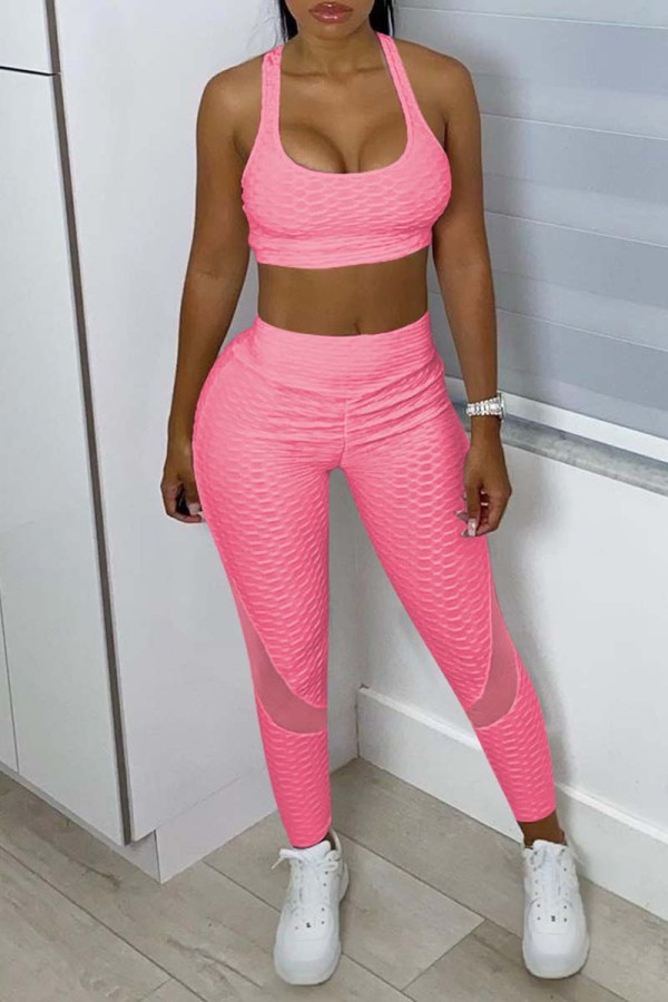 Pink Casual Sportswear Solid Patchwork U Neck Sleeveless Two Pieces