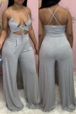 Grey Sexy Casual Solid Backless Strap Design Spaghetti Strap Sleeveless Two Pieces