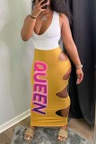 Yellow Sexy Casual Letter Print Hollowed Out Split Joint U Neck Sleeveless Two Pieces