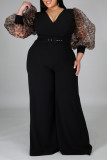 Black Fashion Casual Solid Split Joint V Neck Plus Size Jumpsuits (Without Belt)