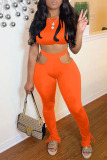 Orange Sexy Casual Solid Hollowed Out O Neck Short Sleeve Two Pieces