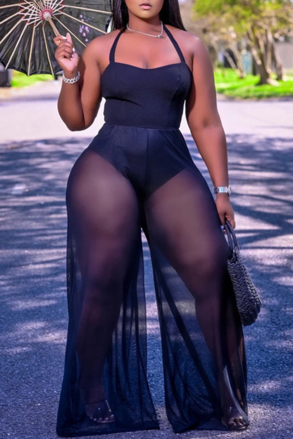 Black Sexy Patchwork Solid Backless Halter Plus Size Jumpsuits