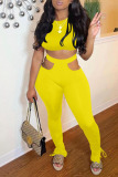 Yellow Sexy Casual Solid Hollowed Out O Neck Short Sleeve Two Pieces