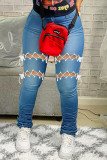 Black Sexy Casual Solid Hollowed Out Strap Design High Waist Regular Denim Jeans