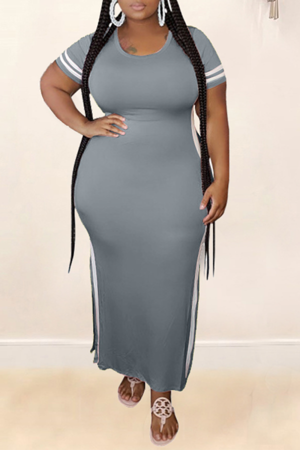 Grey Fashion Casual O Neck Patchwork Plus Size