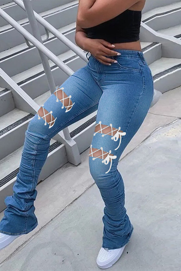 Medium Blue Sexy Casual Solid Hollowed Out Strap Design High Waist Regular Denim Jeans