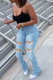 Sky Blue Sexy Casual Solid Hollowed Out Strap Design High Waist Regular Denim Jeans