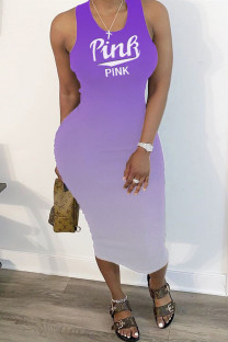 Purple Fashion Casual Gradual Change Letter Print Basic U Neck Vest Dress