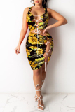 Golden Yellow Fashion Sexy Print Hollowed Out Strap Design U Neck Sleeveless Two Pieces
