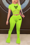 Fluorescent Green Sexy Casual Letter Print Patchwork See-through O Neck Short Sleeve Two Pieces