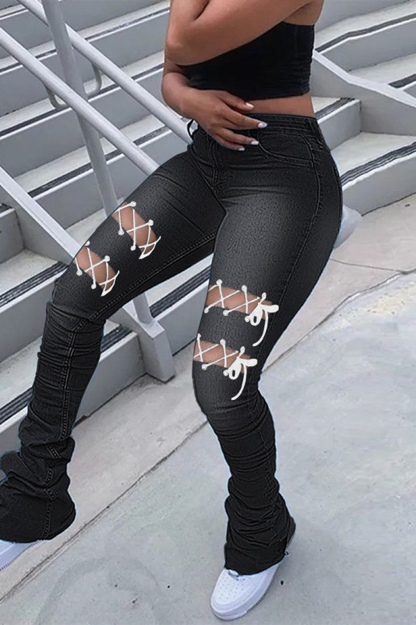 Black Sexy Casual Solid Hollowed Out Strap Design High Waist Regular Denim Jeans