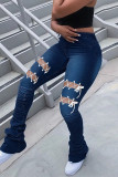 Sky Blue Sexy Casual Solid Hollowed Out Strap Design High Waist Regular Denim Jeans