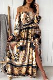 Black Sexy Print High Opening Off the Shoulder Cake Skirt Dresses