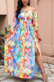 Colorful Blue Sexy Print High Opening Off the Shoulder Cake Skirt Dresses