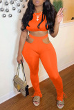 Orange Sexy Casual Solid Hollowed Out O Neck Short Sleeve Two Pieces