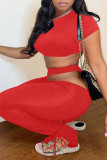 Red Sexy Casual Solid Hollowed Out O Neck Short Sleeve Two Pieces
