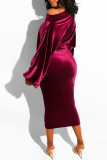 Wine Red Fashion Sexy Solid backless One word collar Step Skirt Dresses