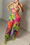 Multicolor Sexy Print Hollowed Out Backless Halter Sleeveless Two Pieces