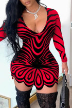 Red Fashion Sexy Print Basic V Neck A Line Dresses